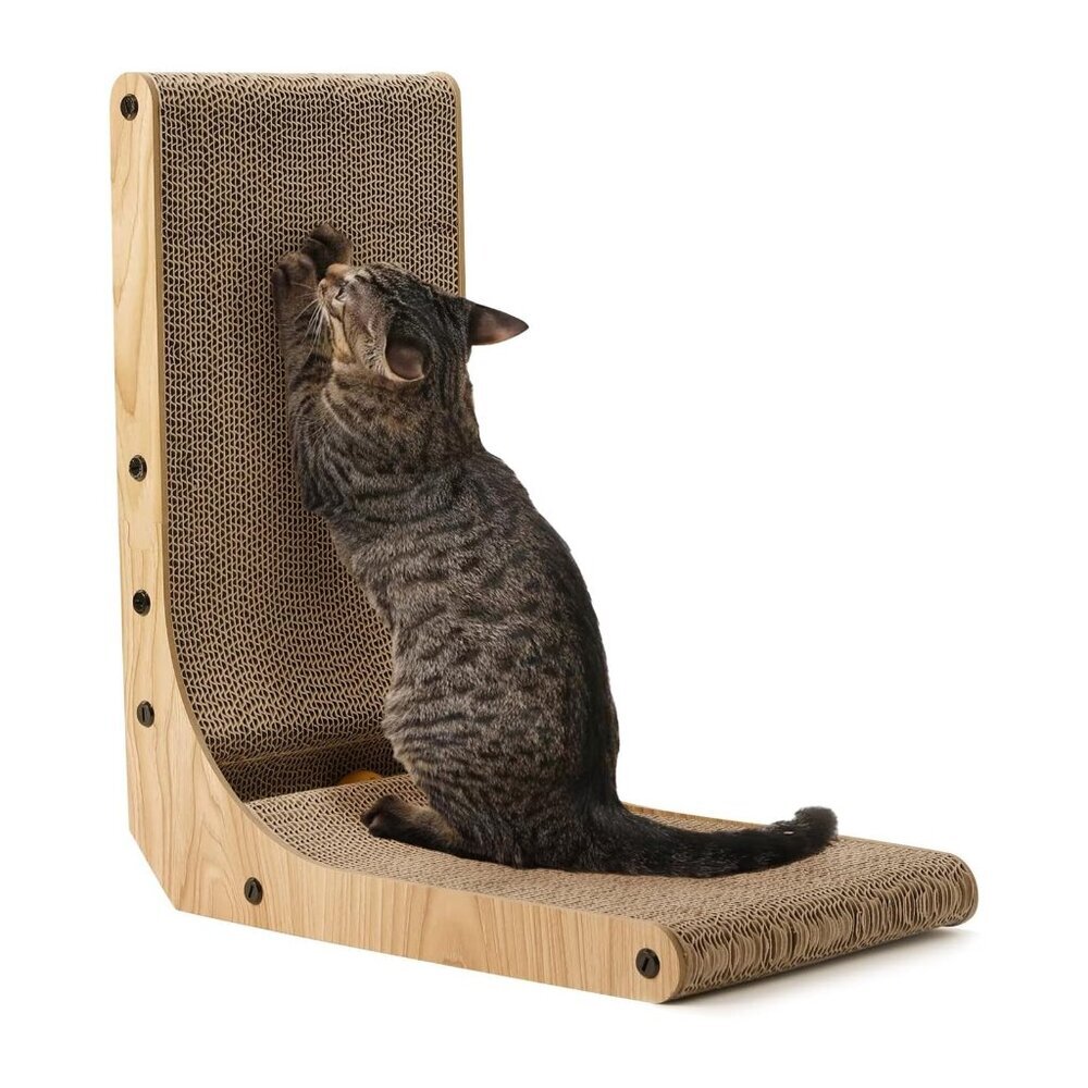 L Shape Cat Scratcher Wall Mounted Cardboard Pad with Ball Toy Indoor